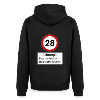28 Achtung nur Bier als Treibstoff einfüllen - Unisex Premium Bio Zip Hoodie - Schwarz - Hinten - Nico (187cm)