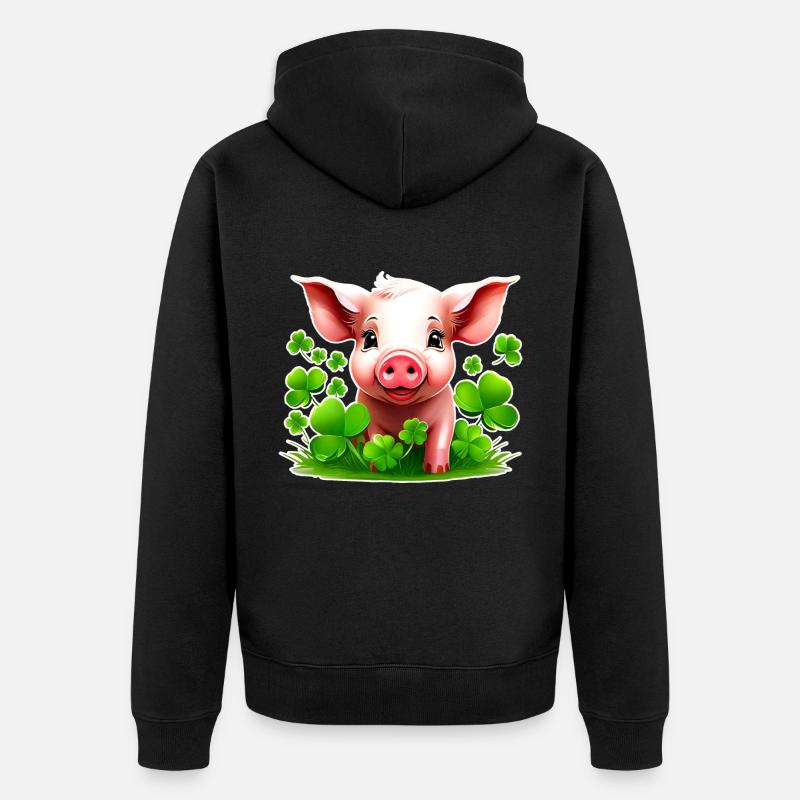 Cochon porte-bonheur mignon avec des trèfles - Veste à capuche bio Premium Unisexe - noir