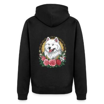 Süßer Samojede Spitz mit Rosen und Lillien - Unisex Premium Bio Zip Hoodie - Schwarz - Hinten - Nico (187cm)