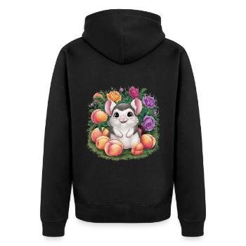 Cartoon Kawaii Chinchilla mit Rosen und Pfirsich - Unisex Premium Bio Zip Hoodie - Schwarz - Hinten - Nico (187cm)