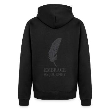 Feder Spruch Zitat Embrace the Journey - Unisex Premium Bio Zip Hoodie - Schwarz - Hinten - Nico (187cm)