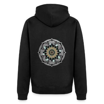 Mandala Sonne mit Spiralen Kunstwerk - Unisex Premium Bio Zip Hoodie - Schwarz - Hinten - Nico (187cm)