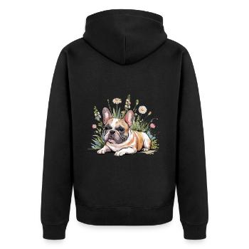 Französische Bulldogge im Blumenfeld Entspannung - Unisex Premium Bio Zip Hoodie - Schwarz - Hinten - Nico (187cm)