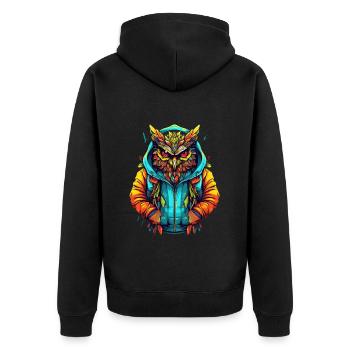 Bunte Eule Mit Kapuze In Urbanem Stil - Unisex Premium Bio Zip Hoodie - Schwarz - Hinten - Nico (187cm)
