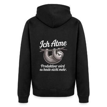 Ich Atme Produktiver Wird Es Heute Nicht Mehr - Unisex Premium Bio Zip Hoodie - Schwarz - Hinten - Nico (187cm)