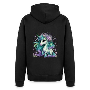 Magisches Einhorn Mit Blumenkranz Und - Unisex Premium Bio Zip Hoodie - Schwarz - Hinten - Nico (187cm)