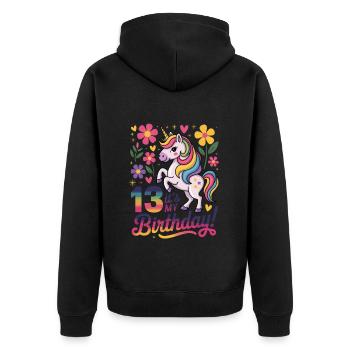 13th Birthday Unicorn Floral Design - Unisex Premium Organic Zip Hoodie - black - Back - Nico (187cm)