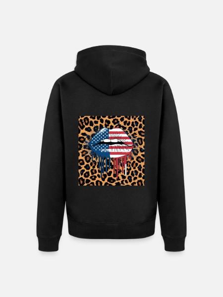 Leopard Lips with USA Flag - Unisex Premium Organic Zip Hoodie - black