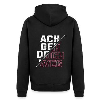 ach geh doch weg - Unisex Premium Bio Zip Hoodie - Schwarz - Hinten - Nico (187cm)