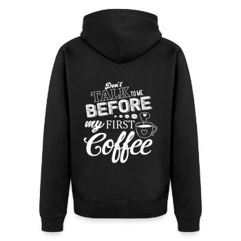 Sprich mich nicht an. Ich brauch erst einen Kaffee - Unisex Premium Bio Zip Hoodie - Schwarz - Hinten - Nico (187cm)