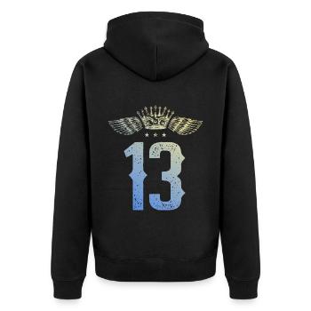 13 Zahl Krone - Unisex Premium Bio Zip Hoodie - Schwarz - Hinten - Nico (187cm)