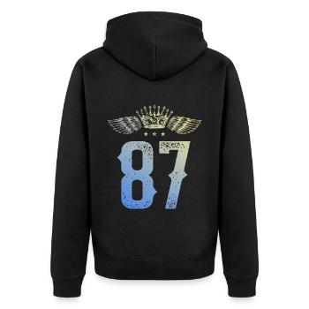 87 Zahl Krone - Unisex Premium Bio Zip Hoodie - Schwarz - Hinten - Nico (187cm)