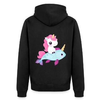 Einhorn reitet auf Fisch - Unisex Premium Bio Zip Hoodie - Schwarz - Hinten - Nico (187cm)