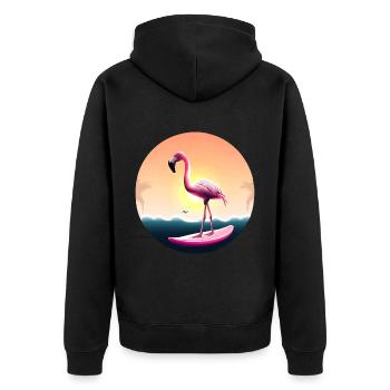 Surfing flamingo in sunset - Unisex Premium Organic Zip Hoodie - black - Back - Nico (187cm)