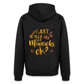 Ich mag Monarchs einfach sehr gut, ok - Unisex Premium Bio Zip Hoodie - Schwarz - Hinten - Nico (187cm)