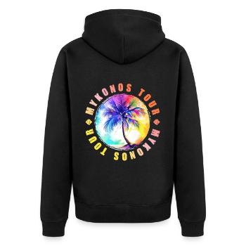 Mykonos Tour Bunt - Unisex Premium Bio Zip Hoodie - Schwarz - Hinten - Nico (187cm)