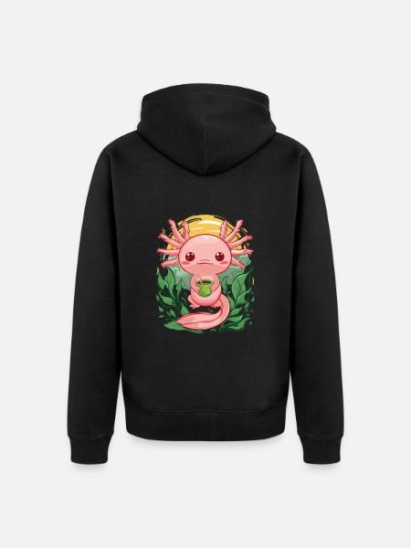Kawaii Axolotl Loves Green Tea - Unisex Premium Organic Zip Hoodie - black