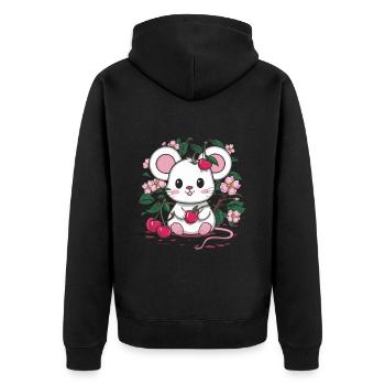 Souris aux cerises et fleurs de cerisier sakura - Veste à capuche bio Premium Unisexe - noir - Dos - Nico (187cm)