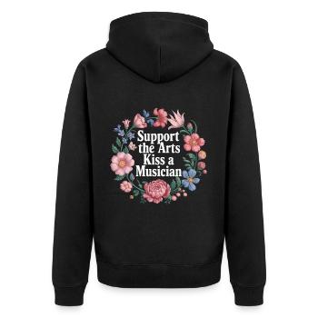Support The Arts Kiss A Musician - Unisex Premium Bio Zip Hoodie - Schwarz - Hinten - Nico (187cm)