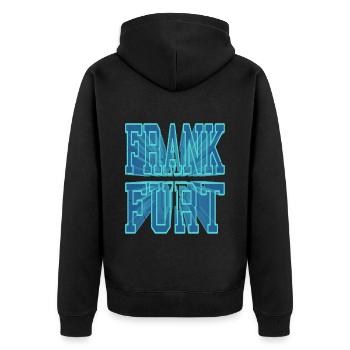 Frankfurt Deutschland Stadt 3D Schrift Skyline - Unisex Premium Bio Zip Hoodie - Schwarz - Hinten - Nico (187cm)
