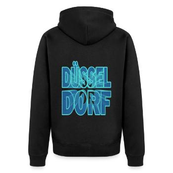 Düsseldorf Deutschland Stadt 3D Schrift Skyline - Unisex Premium Bio Zip Hoodie - Schwarz - Hinten - Nico (187cm)