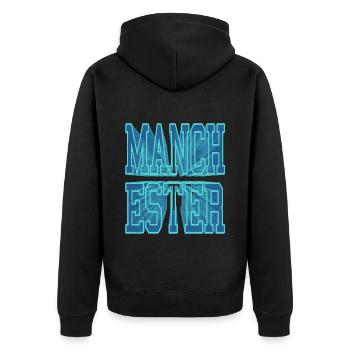 Manchester England UK Stadt 3D Schrift Skyline - Unisex Premium Bio Zip Hoodie - Schwarz - Hinten - Nico (187cm)