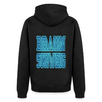 Braunschweig Deutschland Stadt 3D Schrift Skyline - Unisex Premium Bio Zip Hoodie - Schwarz - Hinten - Nico (187cm)