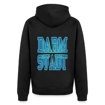 Darmstadt Deutschland Stadt 3D Schrift Skyline - Unisex Premium Bio Zip Hoodie - Schwarz - Hinten - Nico (187cm)