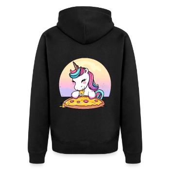 Licorne mangeant une pizza au coucher du soleil - Veste à capuche bio Premium Unisexe - noir - Dos - Nico (187cm)