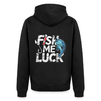 Fish Me Luck für einen Angler und Fischer - Unisex Premium Bio Zip Hoodie - Schwarz - Hinten - Nico (187cm)