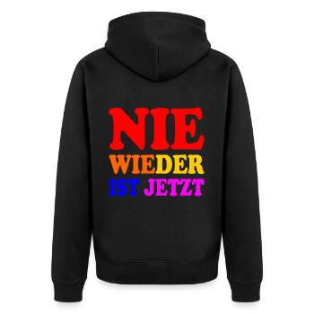 Never again is now - Unisex Premium Organic Zip Hoodie - black - Back - Nico (187cm)