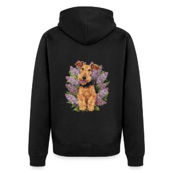 Cute Airedale Terrier with lilac - Unisex Premium Organic Zip Hoodie - black - Back - Nico (187cm)