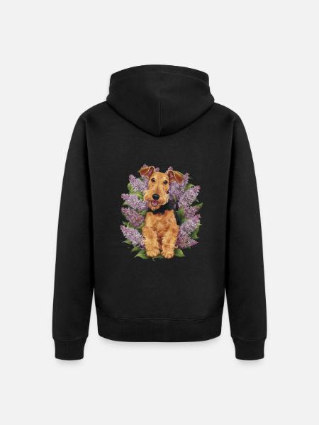 Cute Airedale Terrier with lilac - Unisex Premium Organic Zip Hoodie - black
