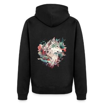 Wolf Wolfskopf Natur Wildnis Wald Bäume Kunst - Unisex Premium Bio Zip Hoodie - Schwarz - Hinten - Nico (187cm)