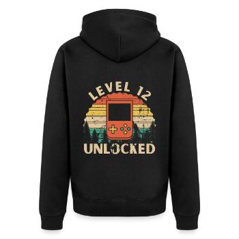 Level 12 Unlocked - Unisex Premium Organic Zip Hoodie - black - Back - Nico (187cm)