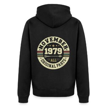 Millésime Novembre 1979 - Anniversaire Novembre 1979 - Veste à capuche bio Premium Unisexe - noir - Dos - Nico (187cm)