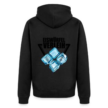 Eiswürfel Verleih - Unisex Premium Bio Zip Hoodie - Schwarz - Hinten - Nico (187cm)