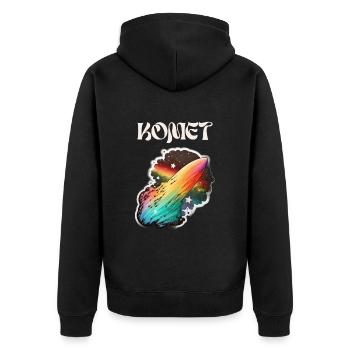 Kometensturm: Ein futuristisches Regenbogen Design - Unisex Premium Bio Zip Hoodie - Schwarz - Hinten - Nico (187cm)
