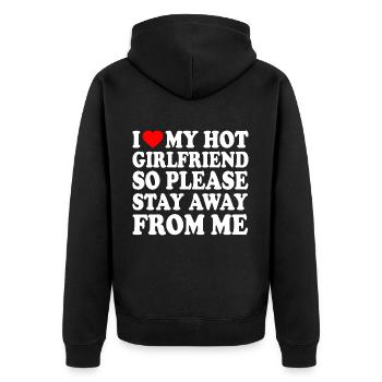 i love my hot girlfriend so please stay away from - Unisex Premium Organic Zip Hoodie - black - Back - Nico (187cm)