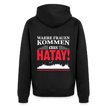 Wahre Frauen kommen aus Hatay - Unisex Premium Bio Zip Hoodie - Schwarz - Hinten - Nico (187cm)