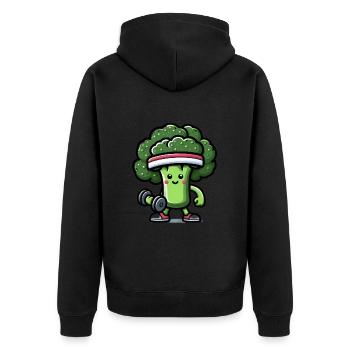 Retro Broccoli Fitness - Motivationsdesigns 2024 - Unisex Premium Bio Zip Hoodie - Schwarz - Hinten - Nico (187cm)