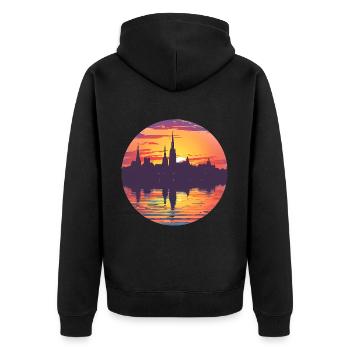 Wiesbaden Skyline - Unisex Premium Bio Zip Hoodie - Schwarz - Hinten - Nico (187cm)