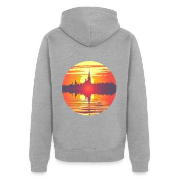 Flensburg Skyline - Unisex Premium Bio Zip Hoodie - Grau meliert - Hinten - Nico (187cm)