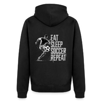 Eat Sleep Soccer Repeat für Fussballspieler - Unisex Premium Bio Zip Hoodie - Schwarz - Hinten - Nico (187cm)