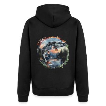 Jumping Fish – Angler Motif – Dynamic Catch - Unisex Premium Organic Zip Hoodie - black - Back - Nico (187cm)
