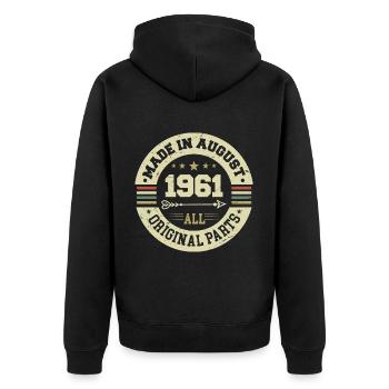 August 1961 Geburtstagsgeschenk August 1961 August - Unisex Premium Bio Zip Hoodie - Schwarz - Hinten - Nico (187cm)