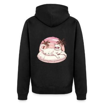 Katze mit Sonnenbrille im pinkem Schwimmreifen - Unisex Premium Bio Zip Hoodie - Schwarz - Hinten - Nico (187cm)