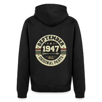 77e anniversaire 1947 Légendaire depuis septembre 1947 - Veste à capuche bio Premium Unisexe - noir - Dos - Nico (187cm)