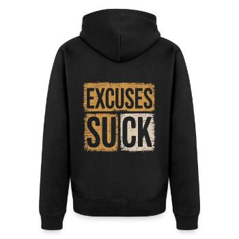 Excuses Suck 15 - Unisex Premium Bio Zip Hoodie - Schwarz - Hinten - Nico (187cm)