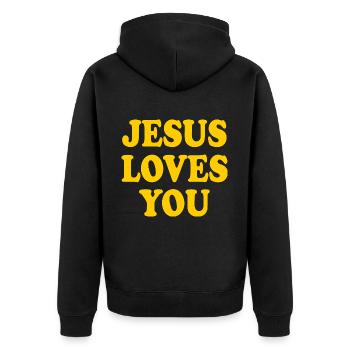 Jesus loves you - Unisex Premium Bio Zip Hoodie - Schwarz - Hinten - Nico (187cm)